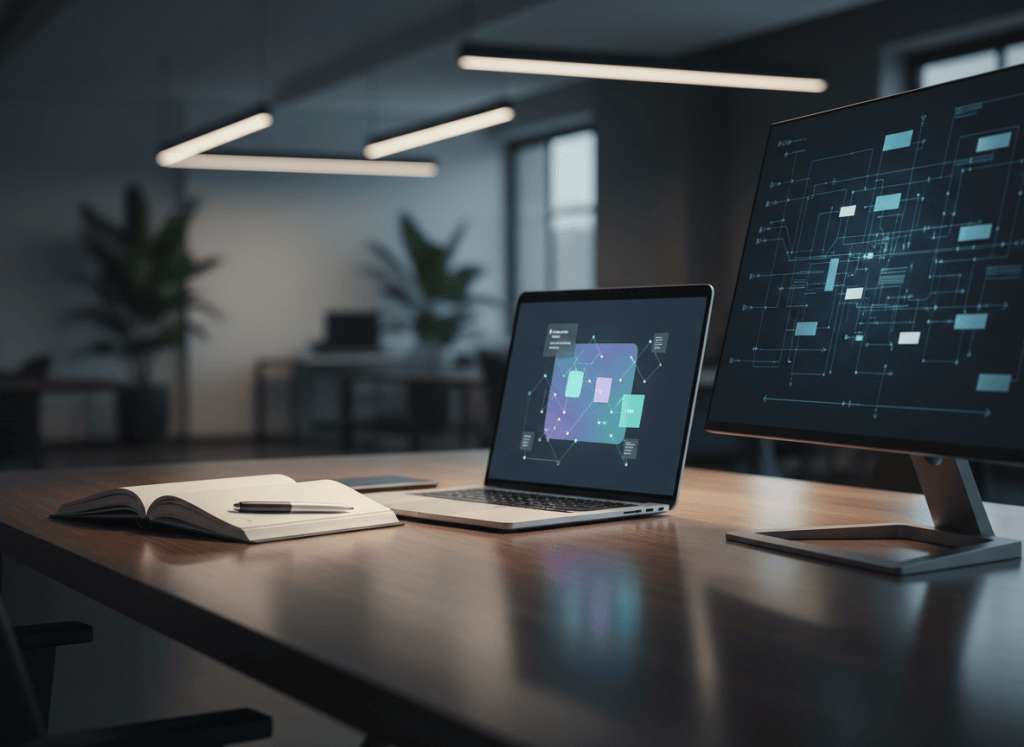 A laptop and notebook in a dark workspace representing AI-assisted thinking and writing.