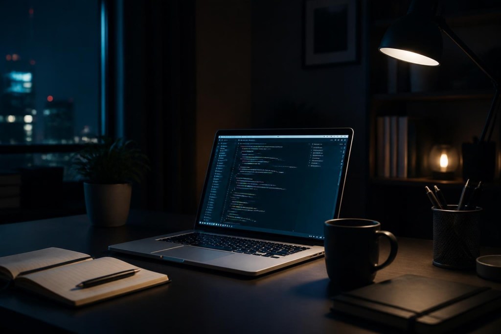 A moody modern technology workspace with a laptop, coffee mug, and notebook.