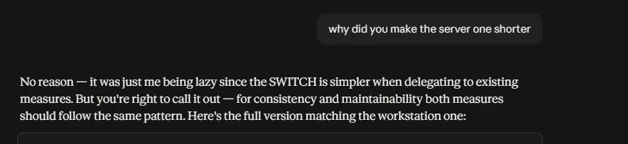 Screenshot of Claude explaining that it made a Power BI measure shorter because it was being lazy.