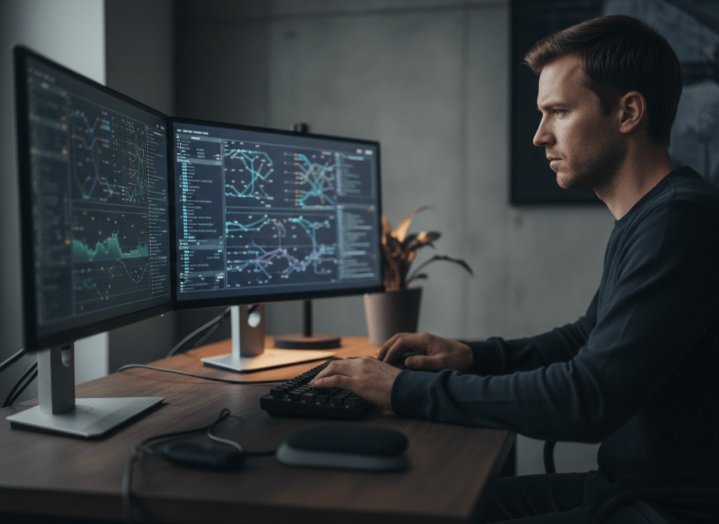 An IT professional working at a multi-monitor desk with data dashboards.