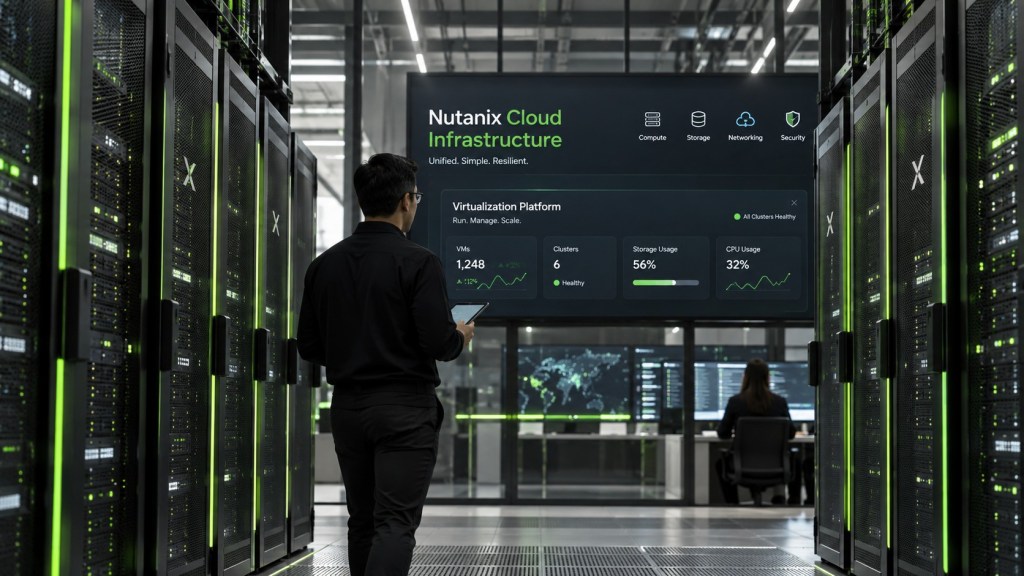 Nutanix cloud infrastructure dashboard displayed in a modern data center