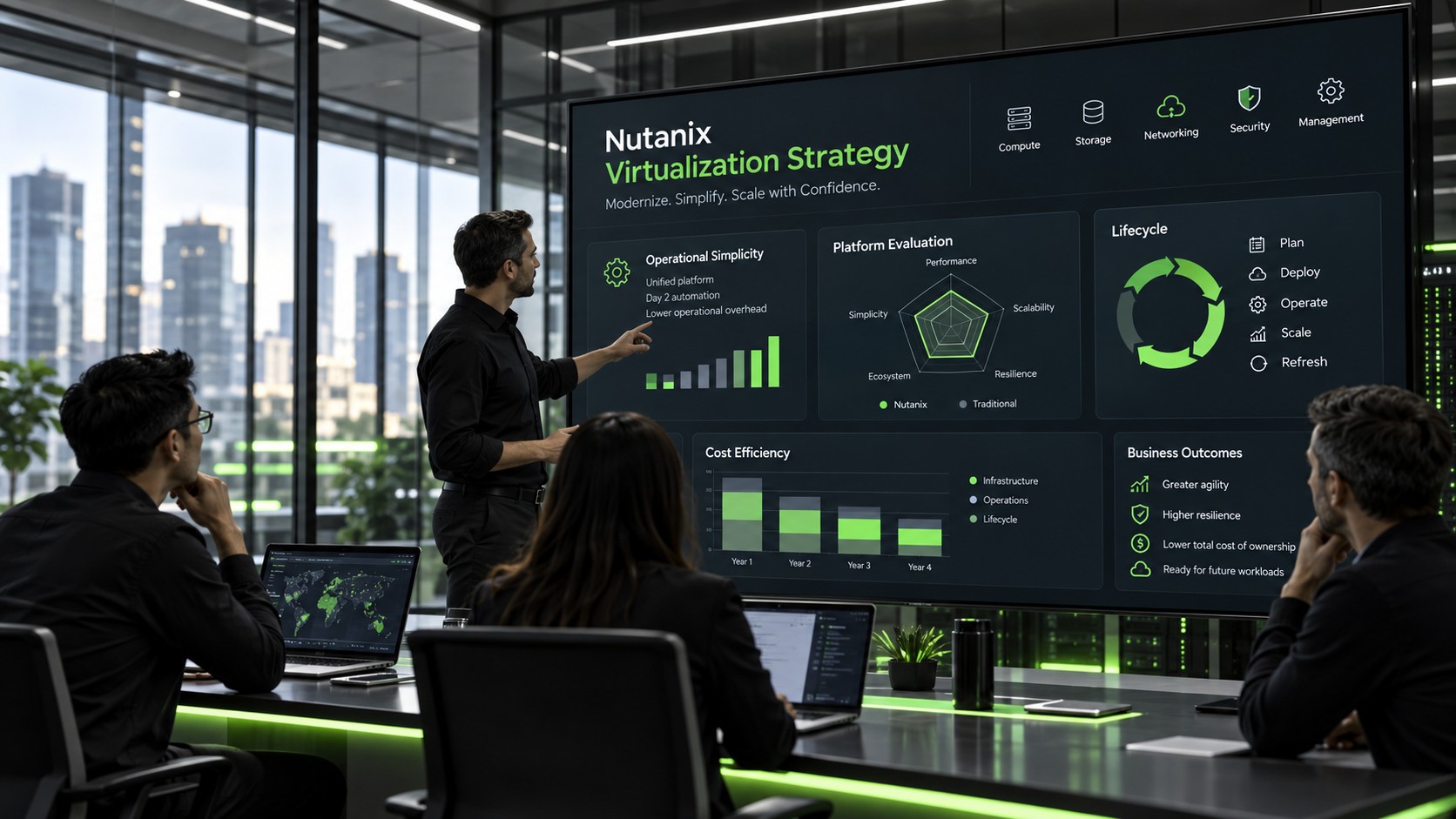 IT leaders reviewing a Nutanix virtualization strategy and platform evaluation dashboard